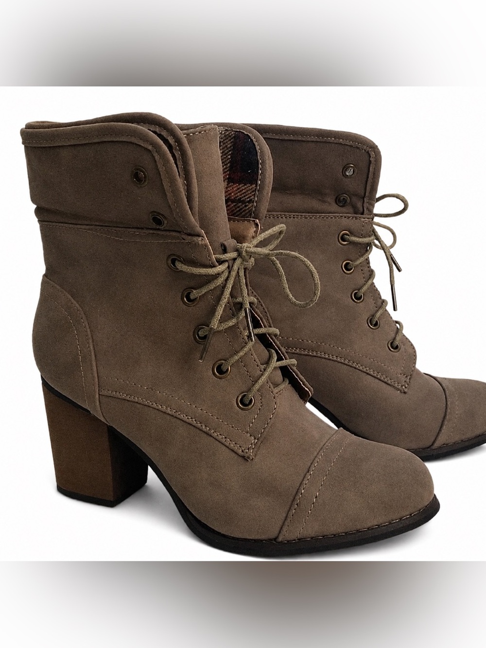 Via Pinky Taupe Faux Suede Heeled Combat Booties Plaid Cuff Lace-Up - Size 8.5